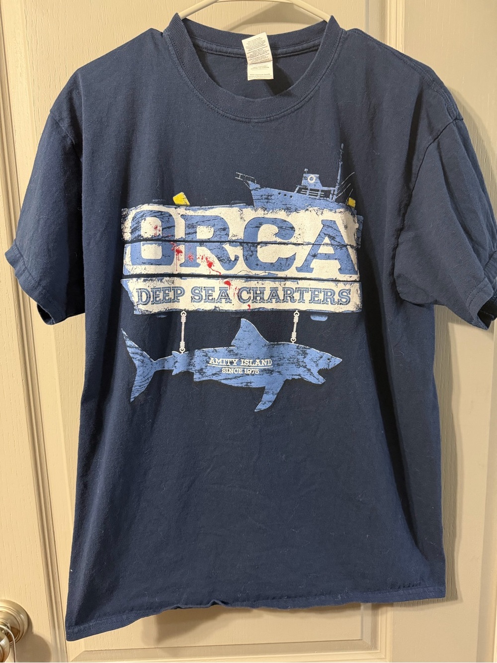 Jaws Orca Deep Sea Charters Amity Island Large Men's Navy Graphic T-Shirt